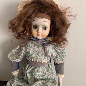 Vintage Porcelain Floral Dress Doll - Blue Eyes, Brown Hair